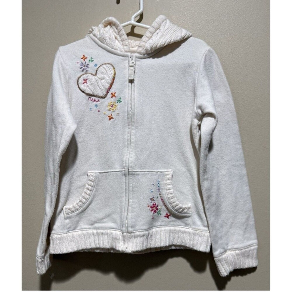 OshKosh B'gosh Girls 6X Full Zip Hooded Cotton White Sweater Jacket Floral Ivory - Picture 7 of 11
